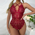 Cherry Bomb Wine Red Lace One-Piece Lingerie Bodysuit | Sheer Net Lace Pajama Jumpsuit